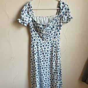White and Blue Flower Midi Flower Dress from Shein